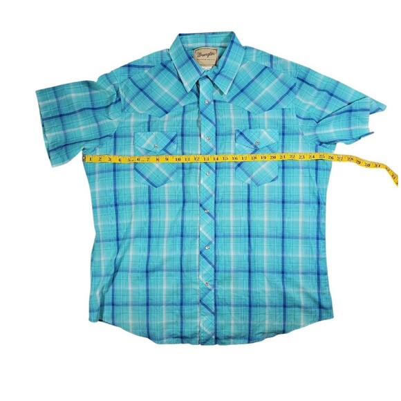Wrangler Western Shirt Mens XL Teal Blue Plaid Pearl Snap Short Sleeve - Picture 5 of 5